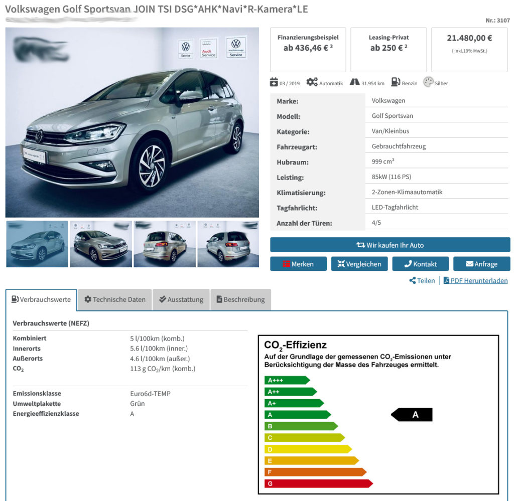 Fahrzeug-Detailseite - Fahrzeugdaten - Gebrauchtwagen mit Leasing und Finanzierungsbeispiel Rechner