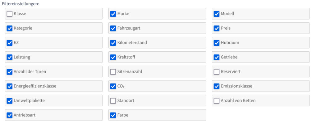 Filtermaske für Fahrzeuge auf der Übersichtsseite