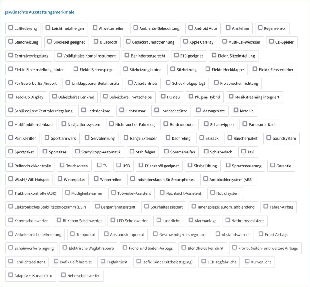 Das FEV24 Suchanfrage-Formular - gewünschte Ausstattungsmermale