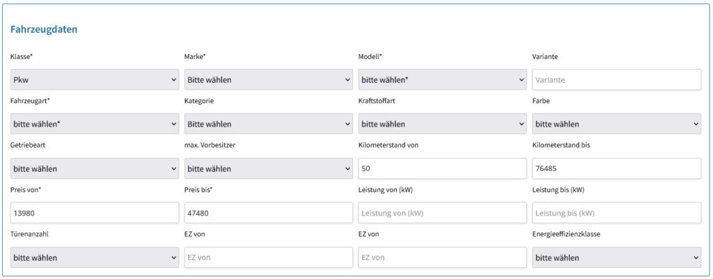 Das FEV24 Fahrzeug-Suchanfrage Formular - Fahrzeugdaten