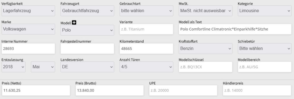 Fahrzeuge im Angebot - UPE-Erfassung