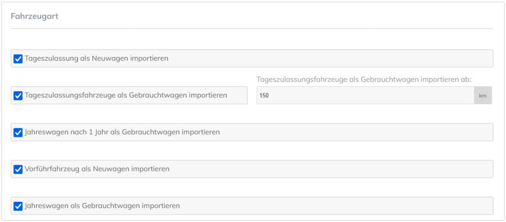 Import Regel - Fahrzeugart