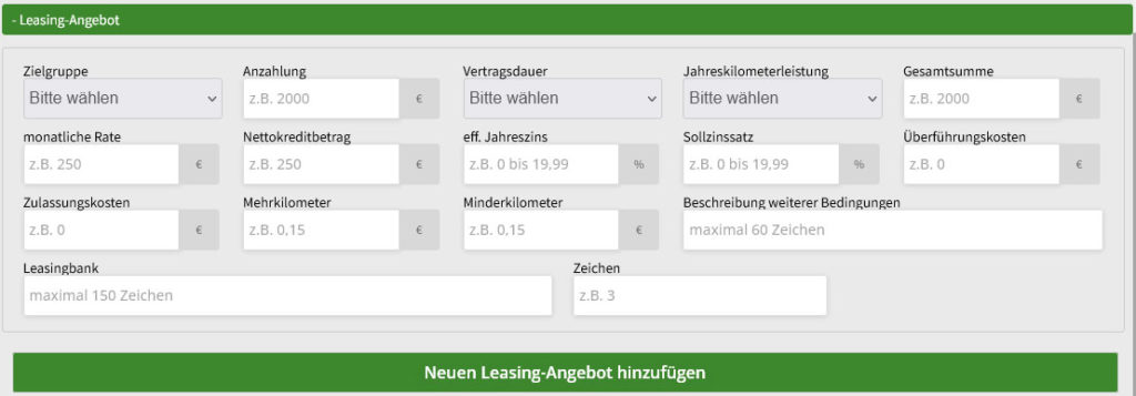 Fahrzeug-Leasing manuelle Erfassung