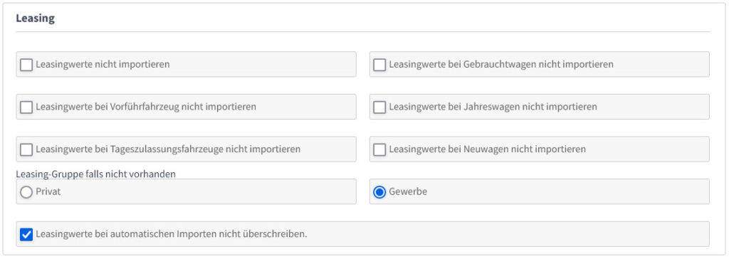 Fahrzeug-Leasing Import-Einstellungen