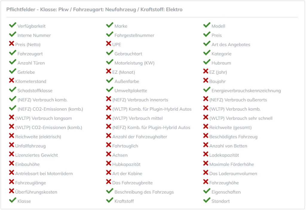 Pflichtfelder - Import Regel - PKW/Neuwagen/Elektro
