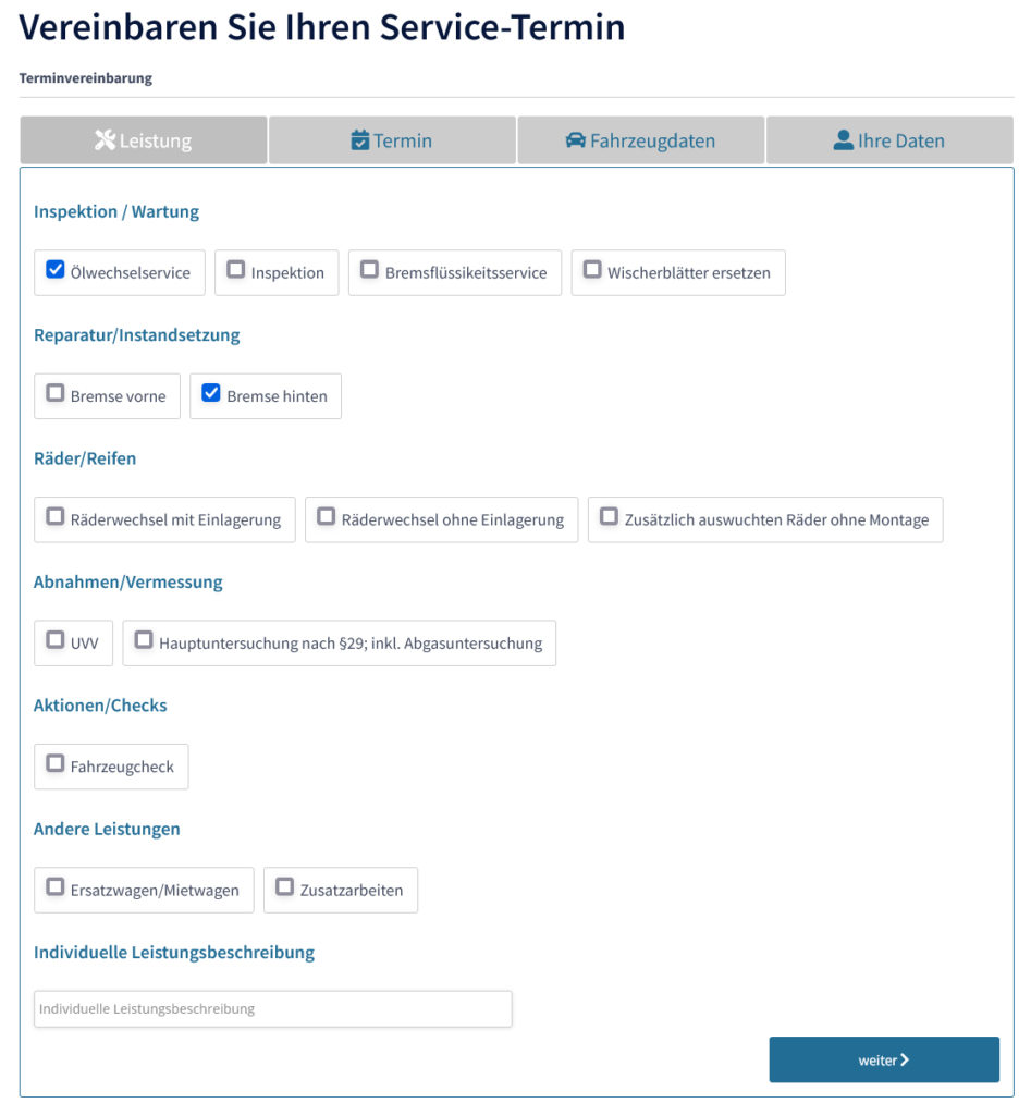 Service-Formular, KFZ-Serviceleistungen, Terminvergabe